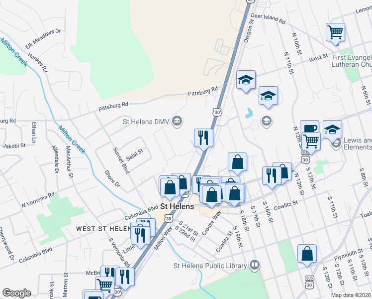 map of restaurants, bars, coffee shops, grocery stores, and more near 215 Howard Street in St. Helens