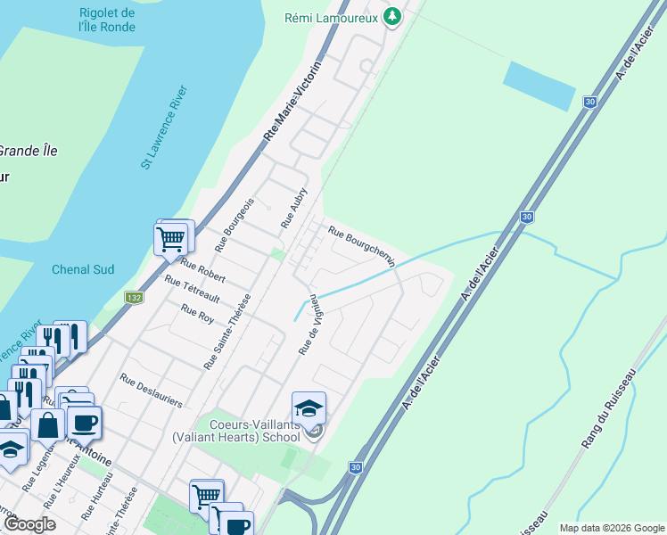 map of restaurants, bars, coffee shops, grocery stores, and more near 5732 Rue Moreau in Contrecoeur