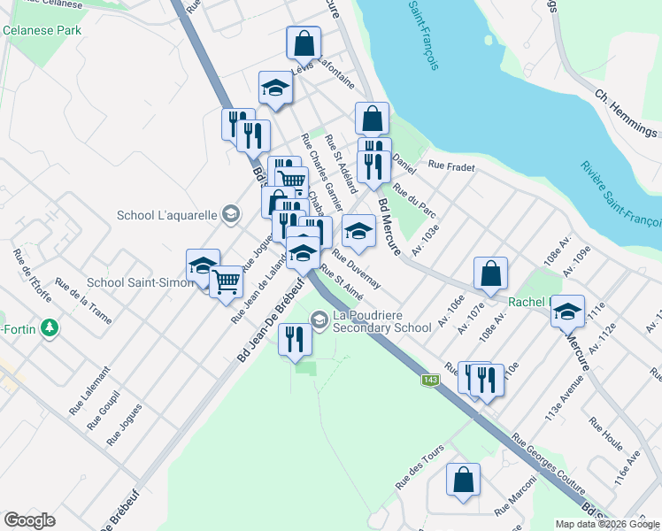 map of restaurants, bars, coffee shops, grocery stores, and more near 1315 Rue Saint Aimé in Drummondville