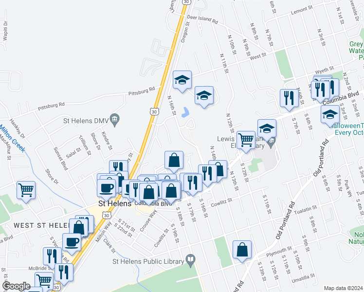map of restaurants, bars, coffee shops, grocery stores, and more near 345 North 16th Street in St. Helens
