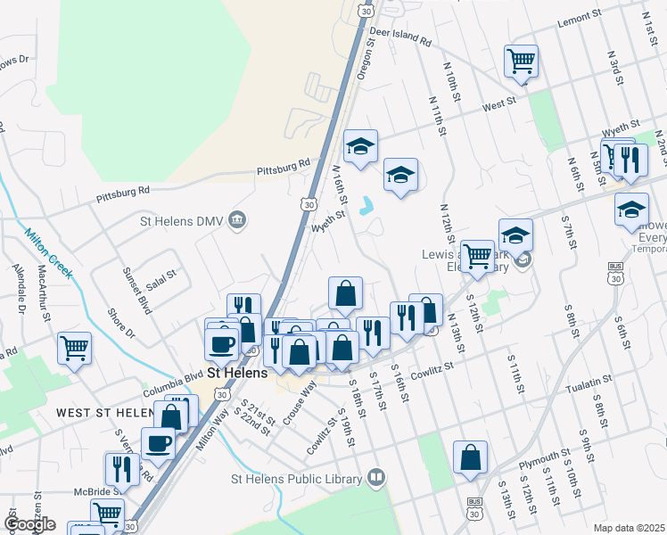 map of restaurants, bars, coffee shops, grocery stores, and more near 324 North 18th Street in St. Helens