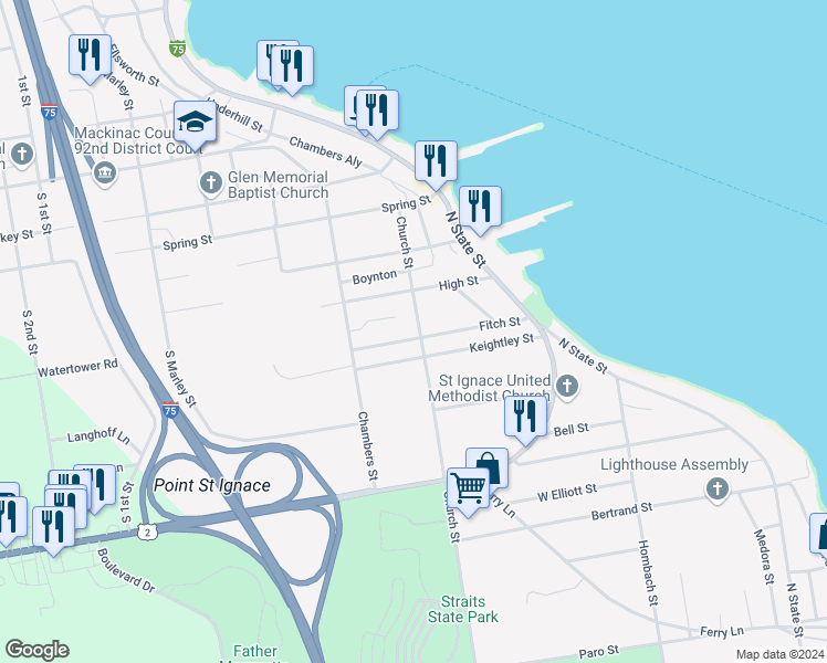 map of restaurants, bars, coffee shops, grocery stores, and more near 380 Church Street in St. Ignace