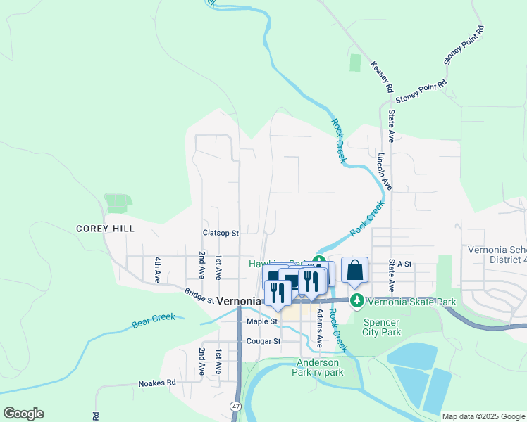 map of restaurants, bars, coffee shops, grocery stores, and more near 1233 Ruth Avenue in Vernonia