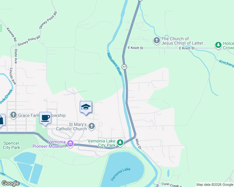 map of restaurants, bars, coffee shops, grocery stores, and more near 59101 Pebble Creek Road in Vernonia