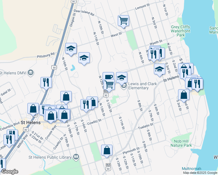 map of restaurants, bars, coffee shops, grocery stores, and more near 167 North 11th Street in St. Helens