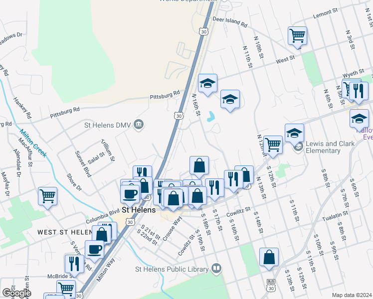 map of restaurants, bars, coffee shops, grocery stores, and more near 324 North 18th Street in St. Helens