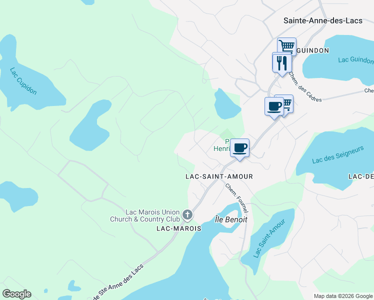 map of restaurants, bars, coffee shops, grocery stores, and more near 13 Chemin des Marronniers in Sainte-Anne-des-Lacs
