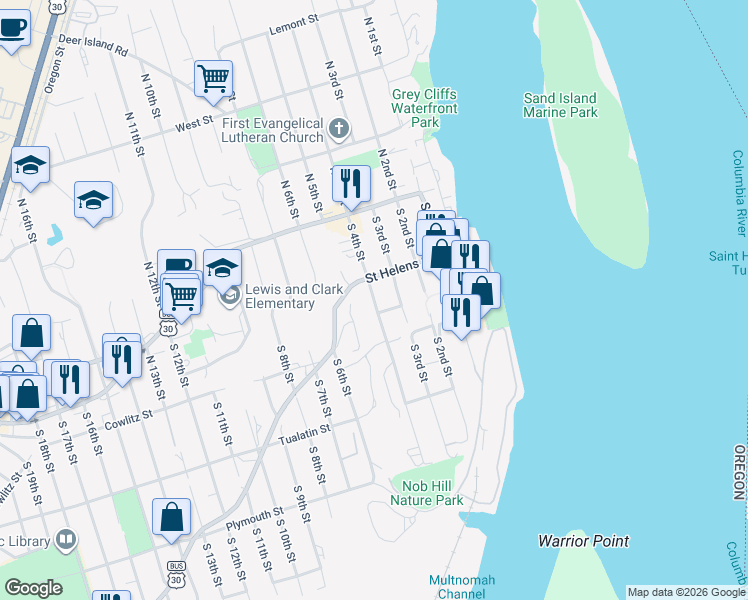 map of restaurants, bars, coffee shops, grocery stores, and more near 224 South 5th Street in St. Helens