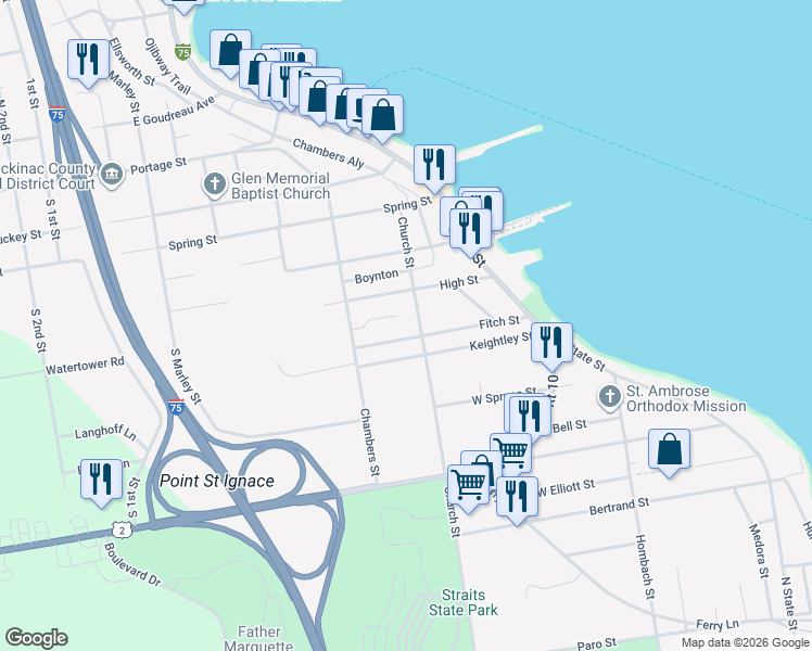 map of restaurants, bars, coffee shops, grocery stores, and more near 380 Church Street in St. Ignace