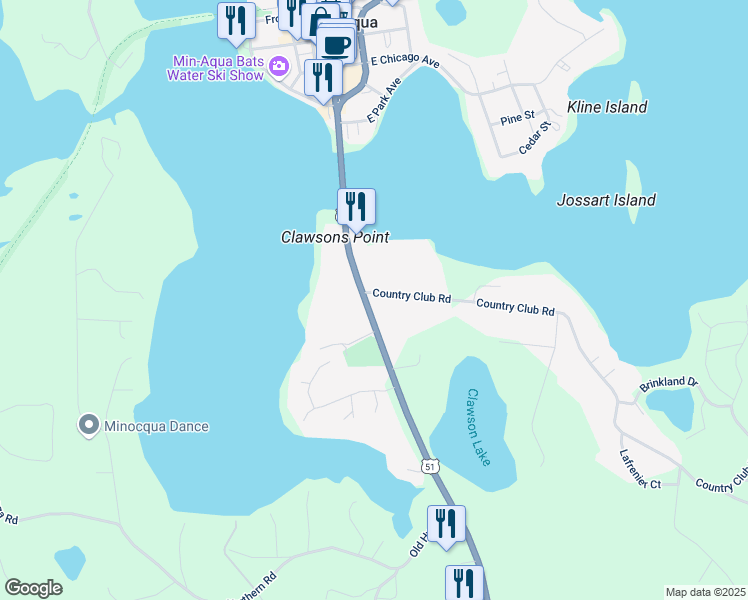 map of restaurants, bars, coffee shops, grocery stores, and more near 9587 Country Club Road in Minocqua