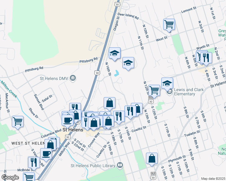 map of restaurants, bars, coffee shops, grocery stores, and more near 345 North 16th Street in St. Helens