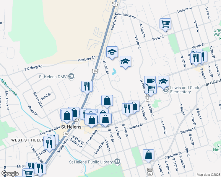 map of restaurants, bars, coffee shops, grocery stores, and more near 345 North 16th Street in St. Helens
