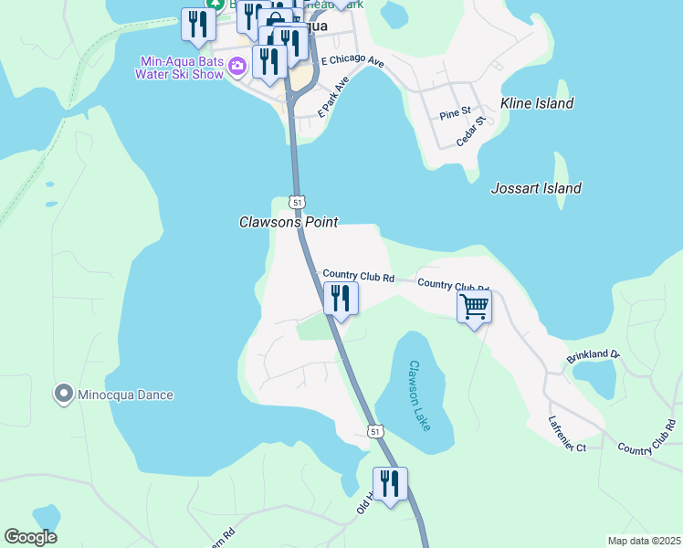 map of restaurants, bars, coffee shops, grocery stores, and more near 9587 Country Club Road in Minocqua