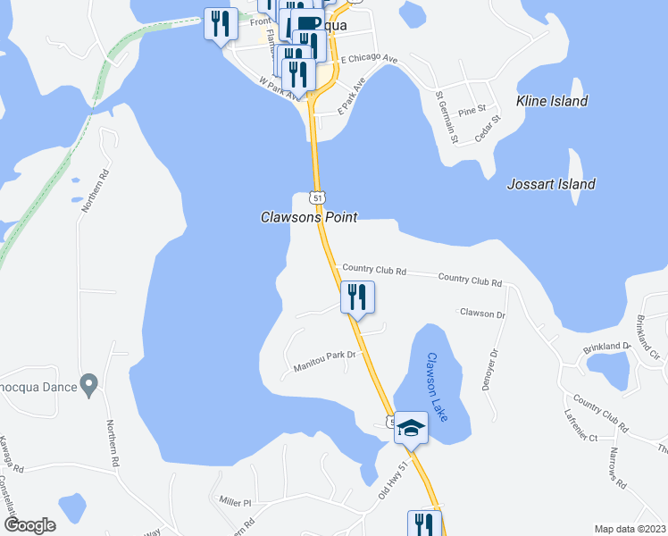 map of restaurants, bars, coffee shops, grocery stores, and more near 8254 Highway 51 in Minocqua