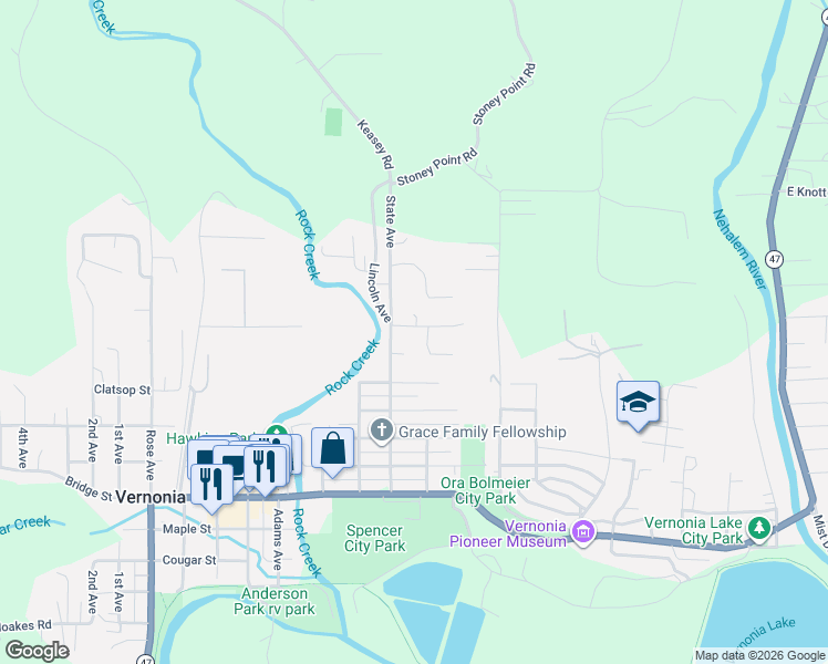 map of restaurants, bars, coffee shops, grocery stores, and more near 233 E Street in Vernonia