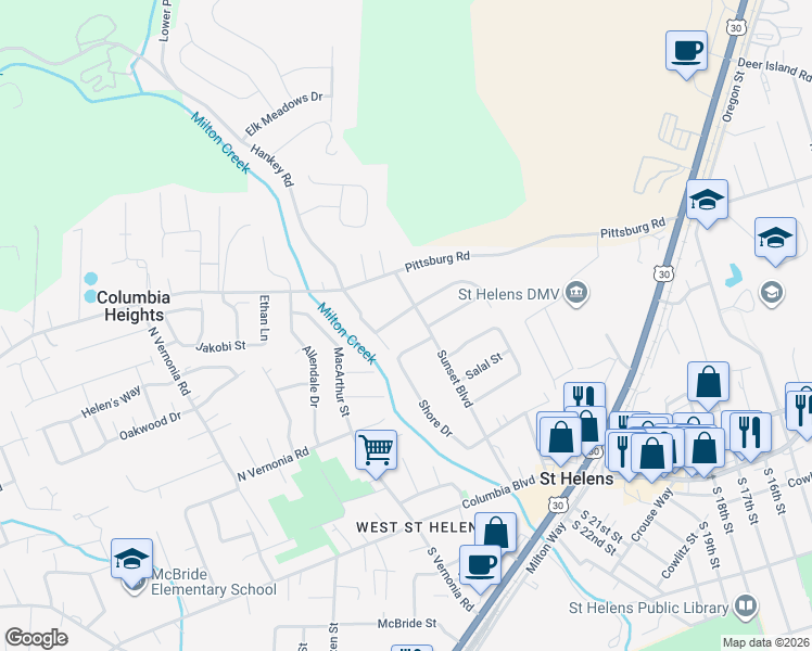 map of restaurants, bars, coffee shops, grocery stores, and more near 290 Shore Drive in St. Helens