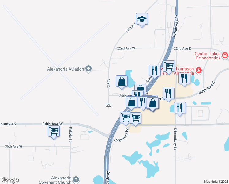 map of restaurants, bars, coffee shops, grocery stores, and more near 605 30th Avenue West in Alexandria