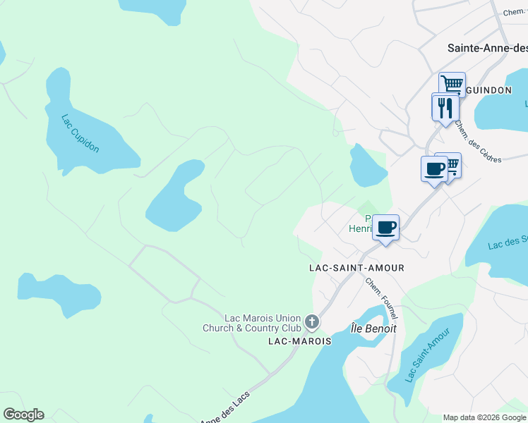 map of restaurants, bars, coffee shops, grocery stores, and more near 32 Chemin des Montagnes in Sainte-Anne-des-Lacs