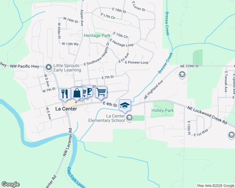 map of restaurants, bars, coffee shops, grocery stores, and more near 594 East 5th Street in La Center