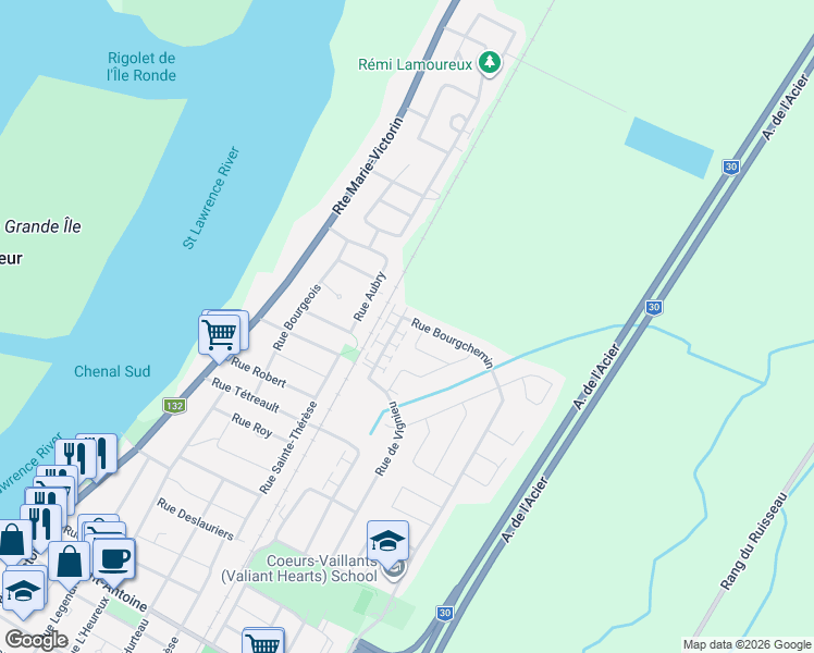 map of restaurants, bars, coffee shops, grocery stores, and more near 5757 Rue de Vignieu in Contrecoeur
