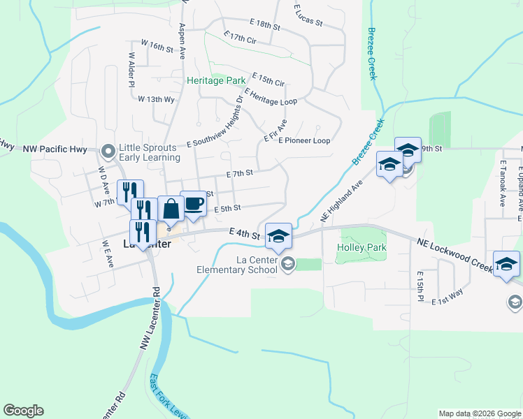 map of restaurants, bars, coffee shops, grocery stores, and more near 594 East 5th Street in La Center