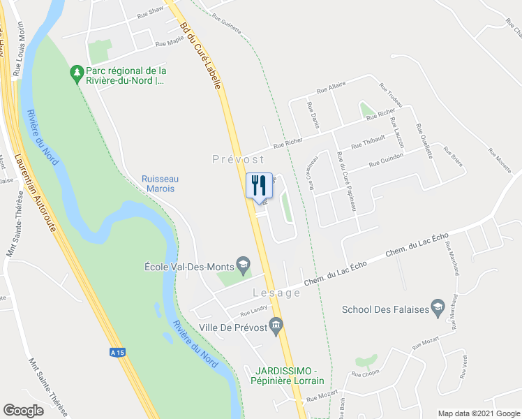 map of restaurants, bars, coffee shops, grocery stores, and more near 2951 Boulevard du Curé Labelle in Prévost