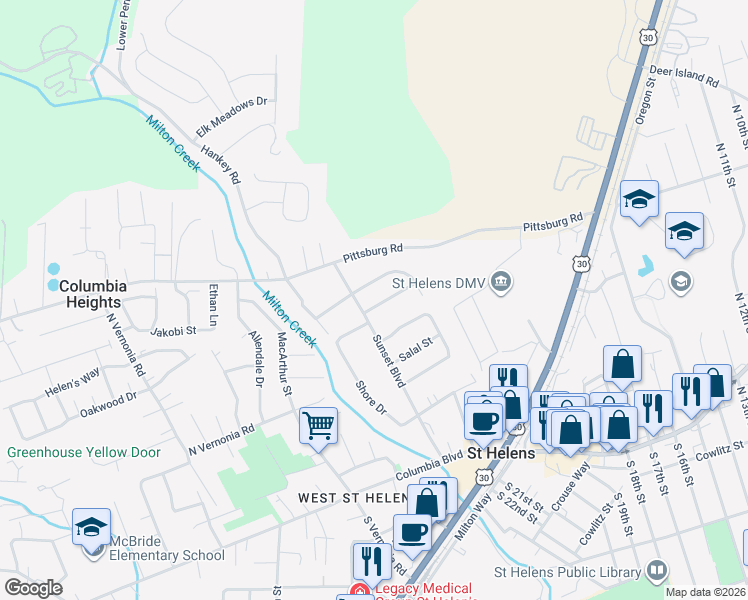 map of restaurants, bars, coffee shops, grocery stores, and more near 58 Sunset Place in St. Helens