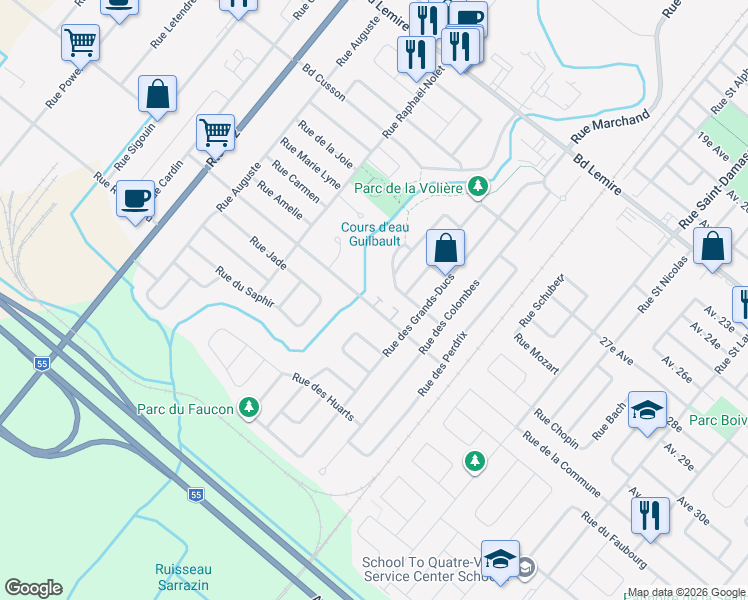 map of restaurants, bars, coffee shops, grocery stores, and more near 1730 Rue Saint Onge in Drummondville