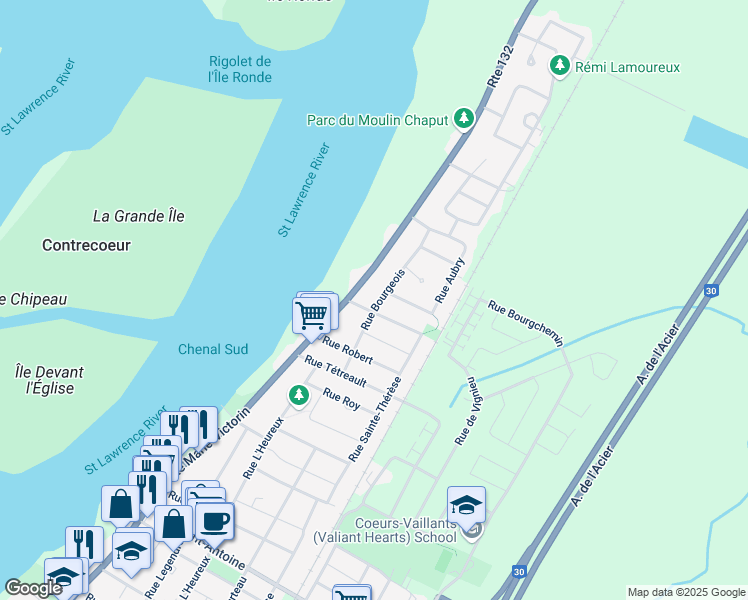 map of restaurants, bars, coffee shops, grocery stores, and more near 5634 Rue Bourgeois in Contrecoeur
