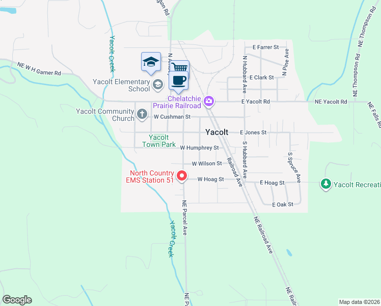 map of restaurants, bars, coffee shops, grocery stores, and more near 211 West Humphrey Street in Yacolt