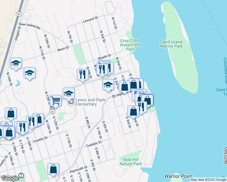 map of restaurants, bars, coffee shops, grocery stores, and more near 175 South 4th Street in St. Helens