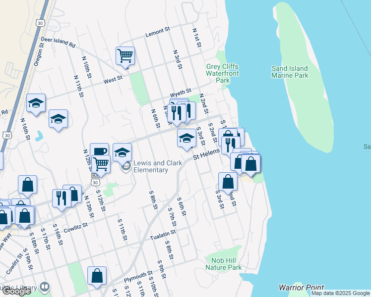 map of restaurants, bars, coffee shops, grocery stores, and more near 175 South 4th Street in St. Helens