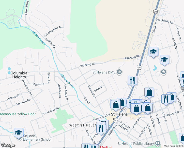map of restaurants, bars, coffee shops, grocery stores, and more near 58 Sunset Place in St. Helens