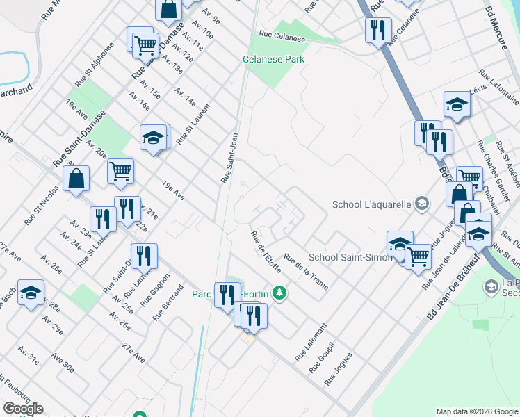 map of restaurants, bars, coffee shops, grocery stores, and more near 2611 Rue de l'Étoffe in Drummondville