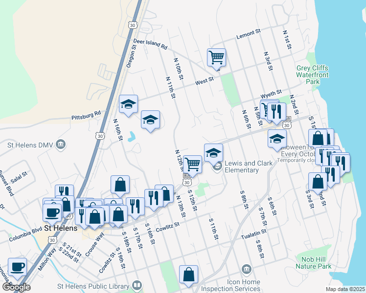 map of restaurants, bars, coffee shops, grocery stores, and more near 222 N 12th St in St Helens