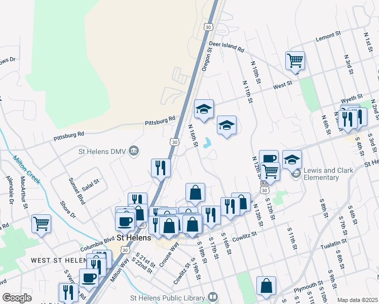 map of restaurants, bars, coffee shops, grocery stores, and more near 1671 Wyeth Street in St. Helens