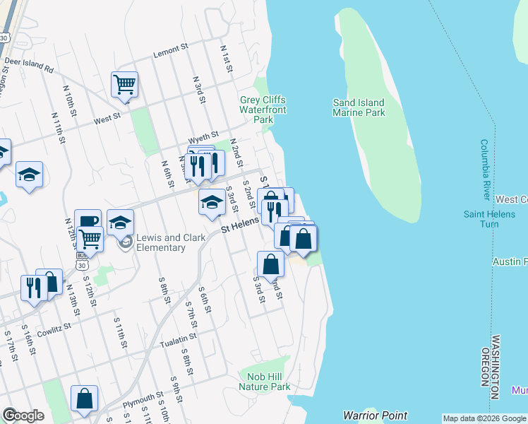 map of restaurants, bars, coffee shops, grocery stores, and more near in St. Helens