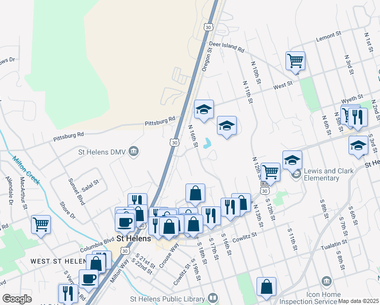 map of restaurants, bars, coffee shops, grocery stores, and more near 1671 Wyeth Street in St. Helens