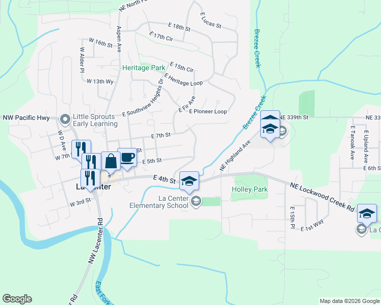 map of restaurants, bars, coffee shops, grocery stores, and more near 532 East Stonecreek Drive in La Center