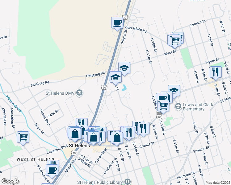 map of restaurants, bars, coffee shops, grocery stores, and more near in St. Helens