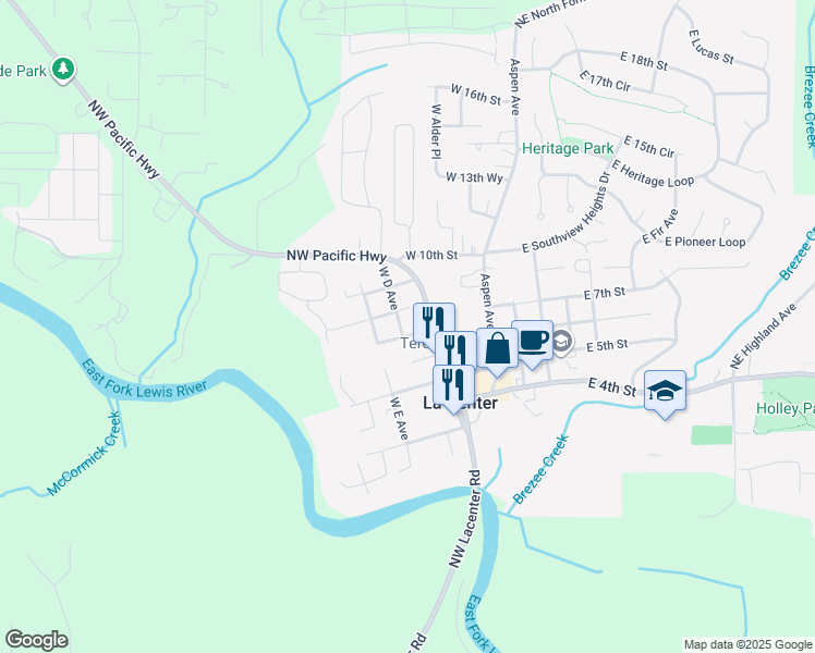 map of restaurants, bars, coffee shops, grocery stores, and more near 325 West 7th Street in La Center