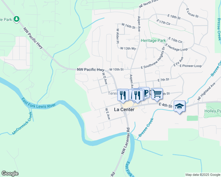 map of restaurants, bars, coffee shops, grocery stores, and more near 325 West 7th Street in La Center