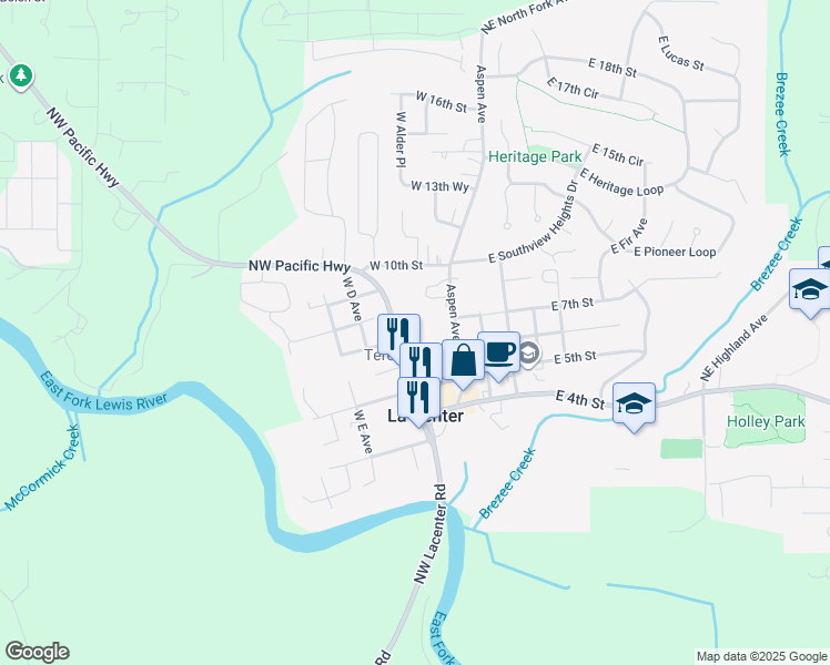 map of restaurants, bars, coffee shops, grocery stores, and more near 715 Northwest Pacific Highway in La Center