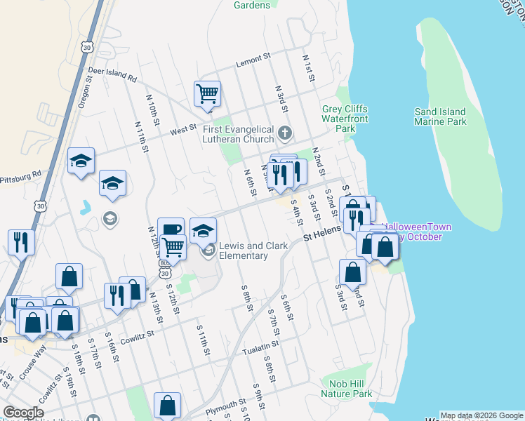 map of restaurants, bars, coffee shops, grocery stores, and more near 144 South 6th Street in St. Helens