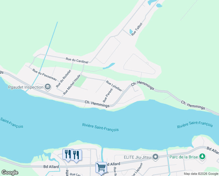 map of restaurants, bars, coffee shops, grocery stores, and more near 585 Rue Parent in Drummondville