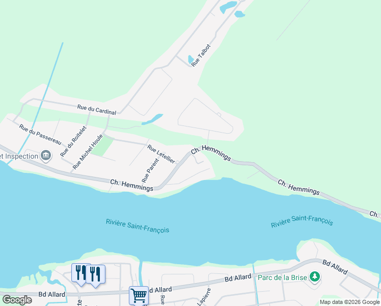 map of restaurants, bars, coffee shops, grocery stores, and more near Chemin Hemming in Drummondville