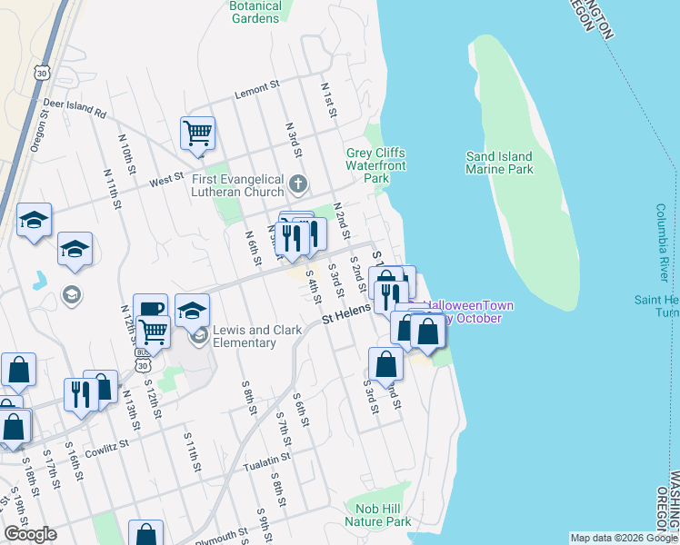 map of restaurants, bars, coffee shops, grocery stores, and more near 134 South 3rd Street in St. Helens