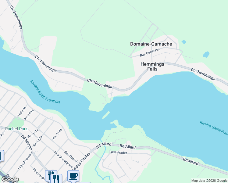 map of restaurants, bars, coffee shops, grocery stores, and more near 1115 Chemin Hemming in Drummondville