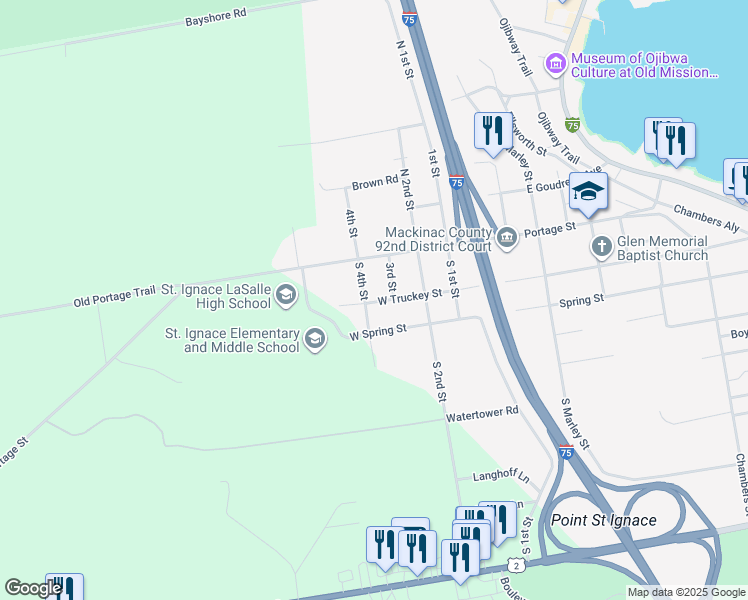 map of restaurants, bars, coffee shops, grocery stores, and more near 201 South 4th Street in St. Ignace
