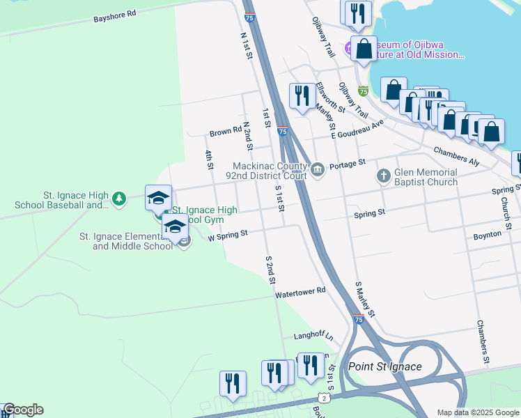 map of restaurants, bars, coffee shops, grocery stores, and more near 201 South 2nd Street in St. Ignace